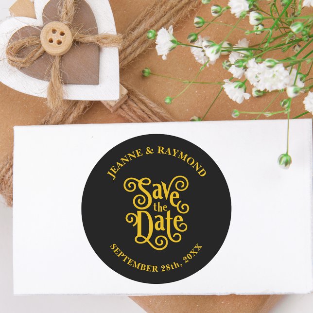 Calligraphy Black Gold Wedding Save the Date Classic Round Sticker (Creator Uploaded)