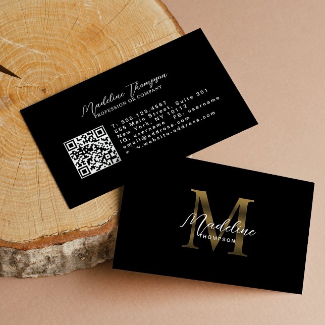 Calligraphy Black Metallic Gold Monogram QR Code Business Card (Creator Uploaded)