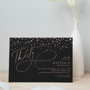 Calligraphy Black Rose Gold Confetti 30th Birthday Invitation