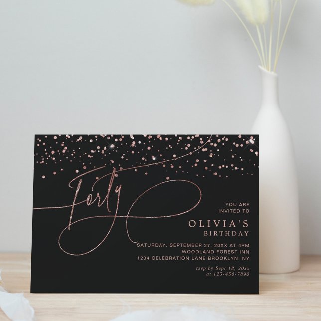 Calligraphy Black Rose Gold Confetti 40th Birthday Invitation (Creator Uploaded)