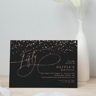 Calligraphy Black Rose Gold Confetti 50th Birthday Invitation