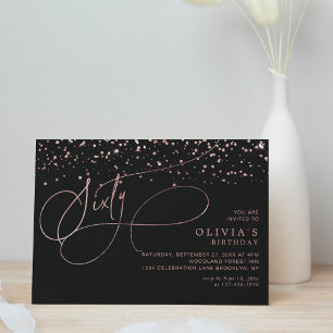 Calligraphy Black Rose Gold Confetti 60th Birthday Invitation