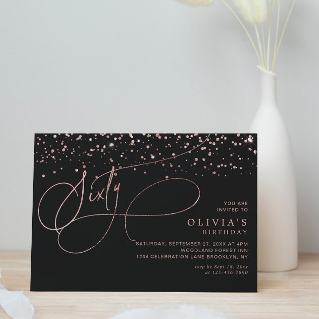 Calligraphy Black Rose Gold Confetti 60th Birthday Invitation (Creator Uploaded)