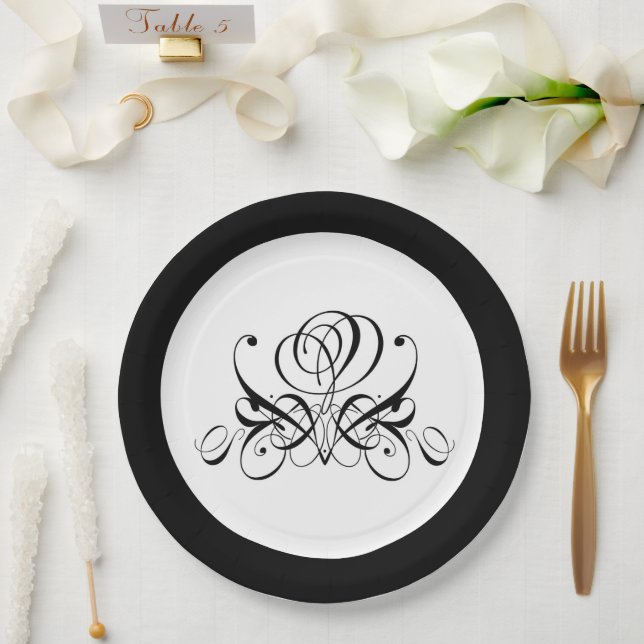 Calligraphy Black Rose Wedding Paper Plate (Wedding)