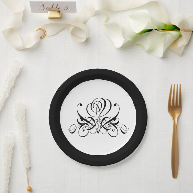 Calligraphy Black Rose Wedding Paper Plate (Wedding)