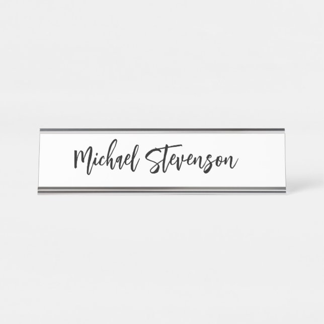 Calligraphy Black White Personalised Plain Modern Desk Name Plate (Front)
