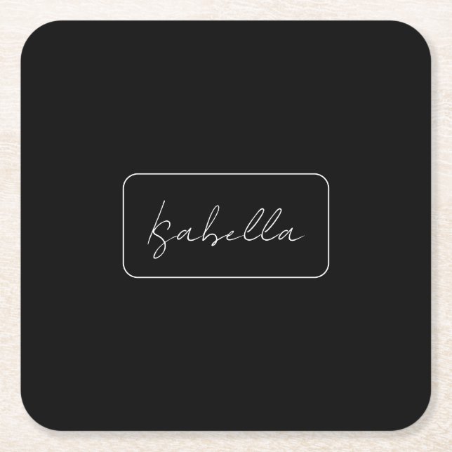 Calligraphy Black White Plain Creative Modern Name Square Paper Coaster (Front)