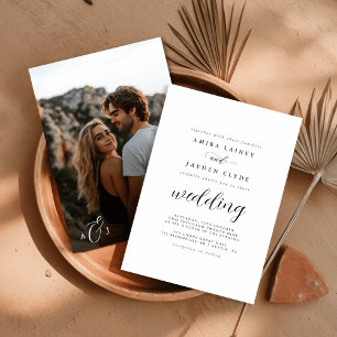 Calligraphy Black White Rustic Boho Photo Wedding  Invitation