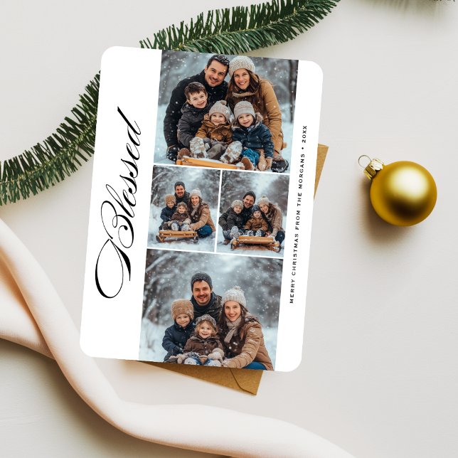 Calligraphy Blessed 4 Photo Religious Christmas Holiday Card (Creator Uploaded)