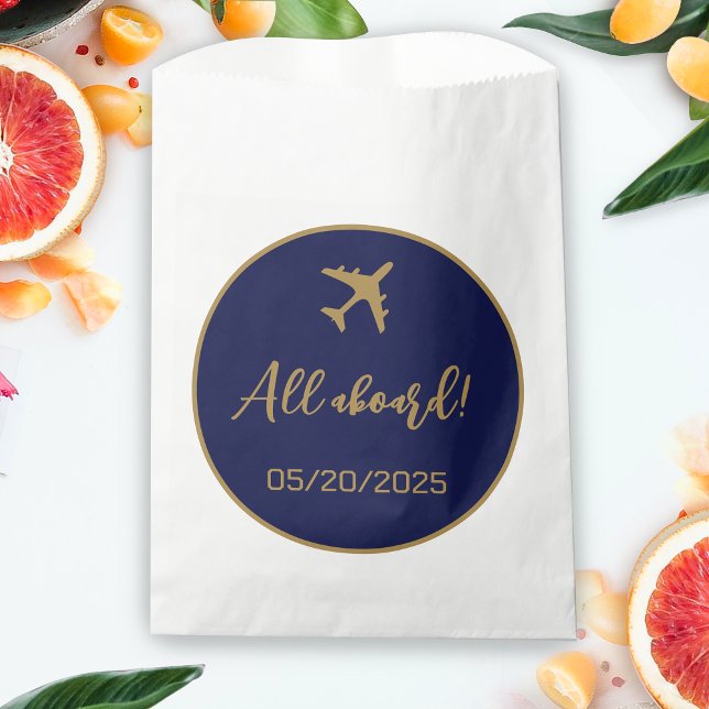 Calligraphy Blue And Gold Boarding Pass Wedding Favour Bag (Boarding Pass Wedding Favor Bag)