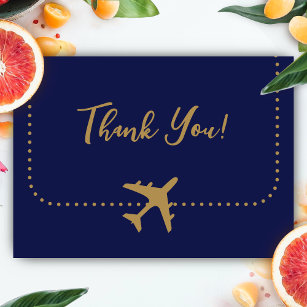 Calligraphy Blue and Gold Boarding Pass Wedding Thank You Card