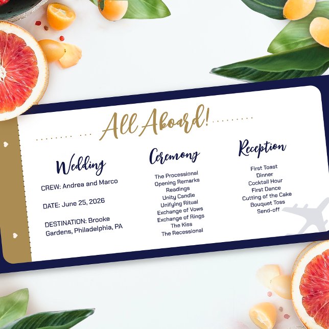 Calligraphy Blue Boarding Pass Wedding Program (Boarding Pass Wedding Ceremony Program)