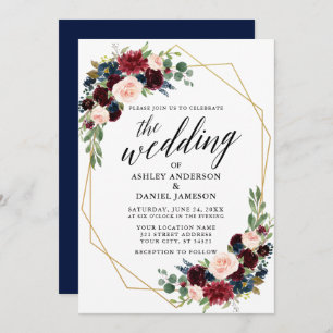 Calligraphy Blue Burgundy Geometric Gold Wedding Invitation