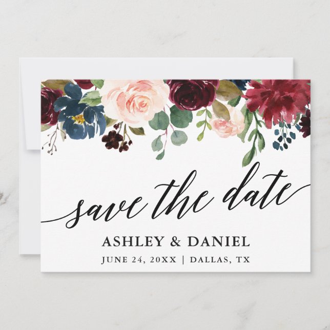Calligraphy Blue Burgundy Save The Date Card (Front)
