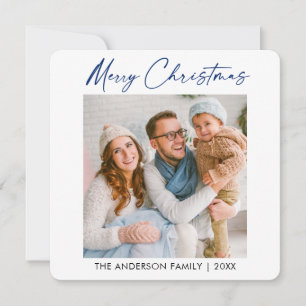 Calligraphy Blue Ink Christmas Photo Minimalist Holiday Card