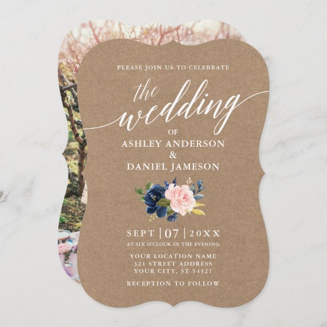 Calligraphy Blue Pink Floral Wedding Kraft Photo Invitation (Front/Back)