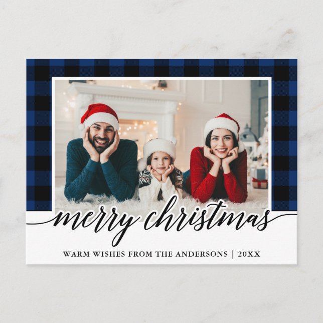 Calligraphy Blue Plaid Family Photo Christmas Postcard (Front)