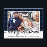 Calligraphy Blue Plaid Wedding Photo Christmas Postcard<br><div class="desc">Modern Calligraphy Script Blue Plaid Wedding Photo Christmas Postcard</div>