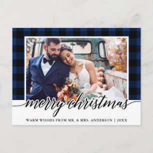 Calligraphy Blue Plaid Wedding Photo Christmas Postcard