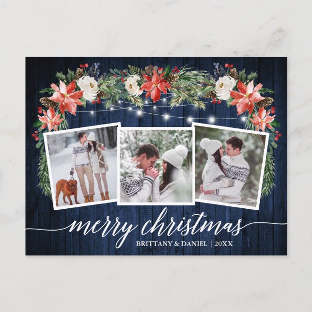 Calligraphy Blue Wood 3 Photo Watercolor Floral Postcard (Front)