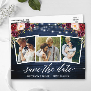 Calligraphy Blue Wood Floral Save The Date Postcard