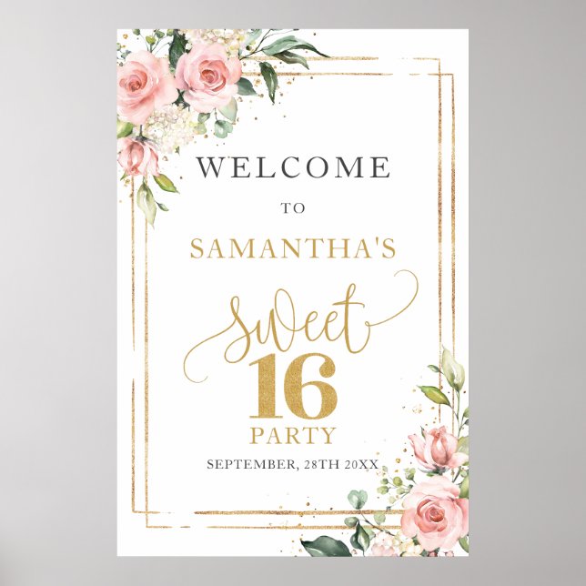 Calligraphy Blush and gold 16th birthday welcome Poster (Front)