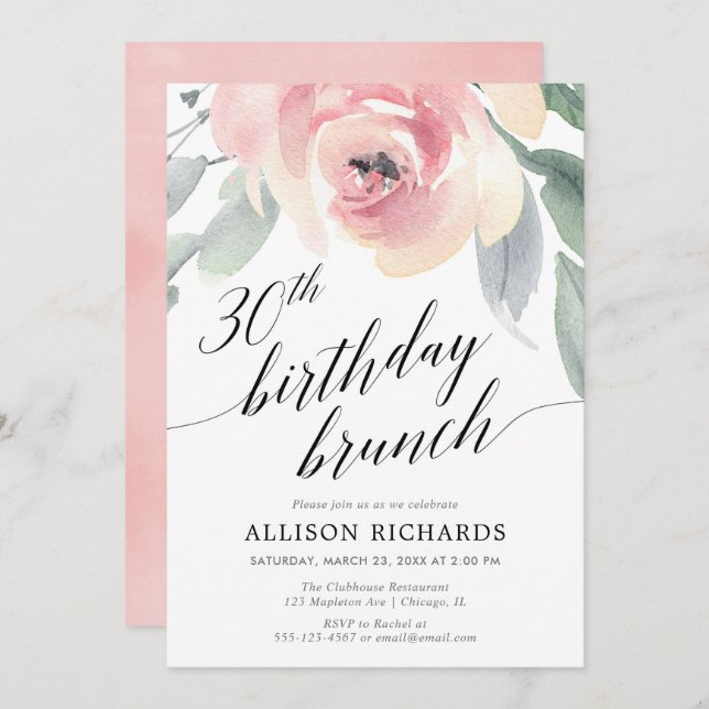 Calligraphy blush floral 30th birthday brunch invitation (Front/Back)