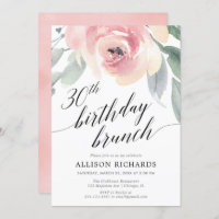 Calligraphy blush floral 30th birthday brunch