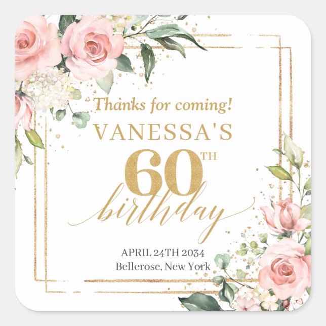 Calligraphy blush pink roses greenery 60 birthday square sticker (Front)