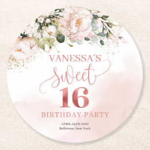 Calligraphy blush pink roses sage 16th birthday round paper coaster