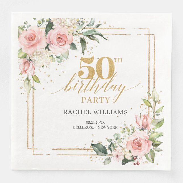 Calligraphy blush pink roses sage 50th birthday napkin (Front)