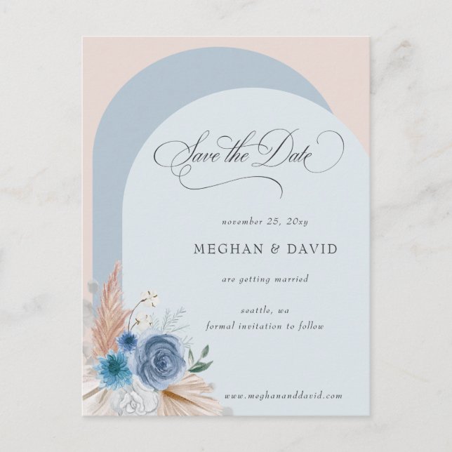Calligraphy Boho Dusty Blue Pampas Save the Date Announcement Postcard (Front)