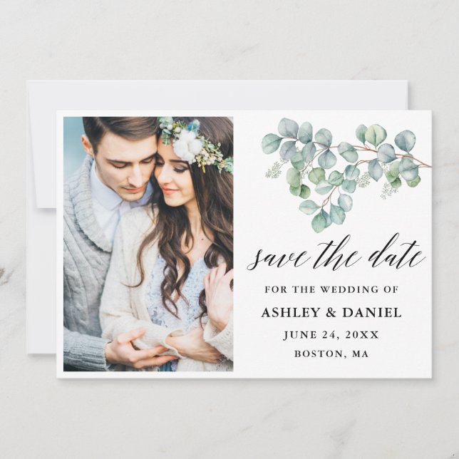 Calligraphy Botanical Eucalyptus Leaves Save The Date (Front)