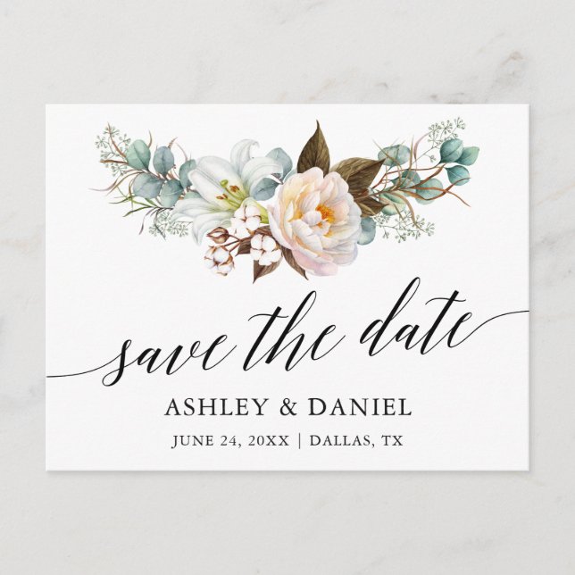 Calligraphy Botanical Floral Save The Date Postcard (Front)