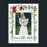 Calligraphy Botanical Floral Save The Date Wood Announcement Postcard<br><div class="desc">Modern Calligraphy Script,  Watercolor Botanical Green Eucalyptus Leaves ,  Wood Frame,  Watercolor Burgundy Marsala Floral,  Save The Date Engagement Announcement Couple Photo Postcard</div>