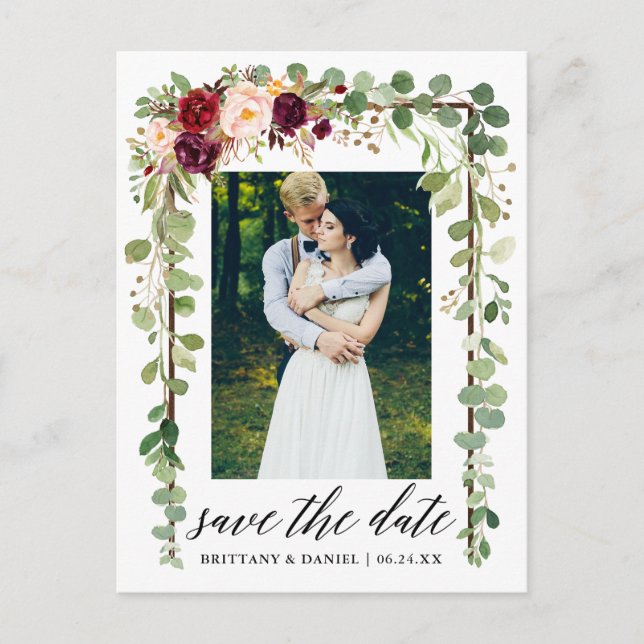 Calligraphy Botanical Floral Save The Date Wood Announcement Postcard (Front)