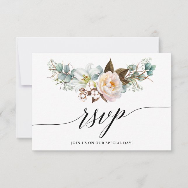 Calligraphy Botanical Floral Wedding RSVP Card (Front)