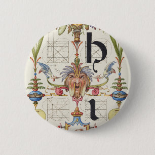 CALLIGRAPHY BOTANICAL LETTER I HOEFNAGEL ALPHABET 6 CM ROUND BADGE