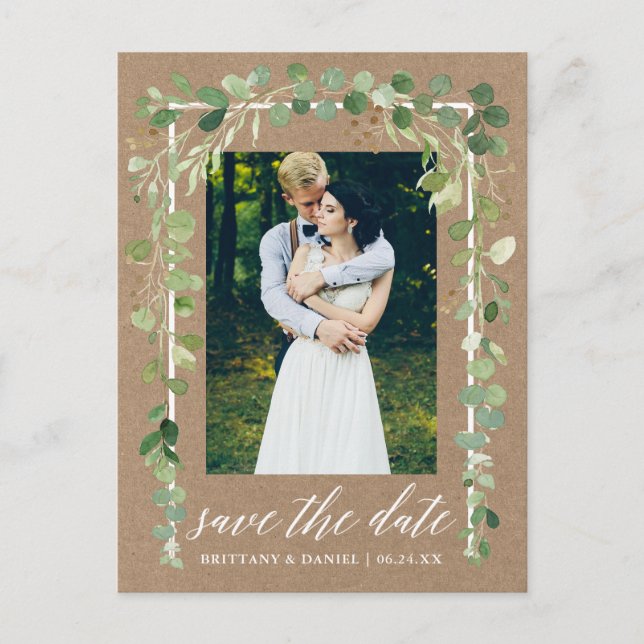 Calligraphy Botanical Save The Date Kraft Announcement Postcard (Front)