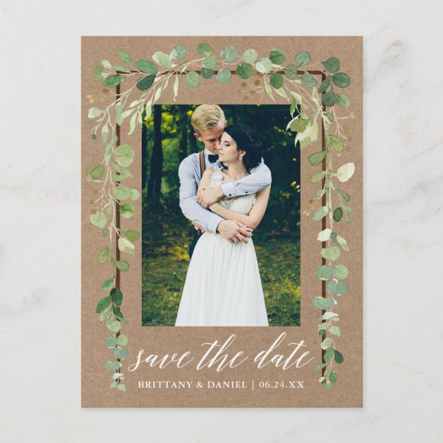 Calligraphy Botanical Save The Date Wood Kraft Announcement Postcard (Front)