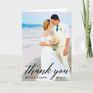 Calligraphy Bride Groom Wedding Photo Fold B Thank You Card