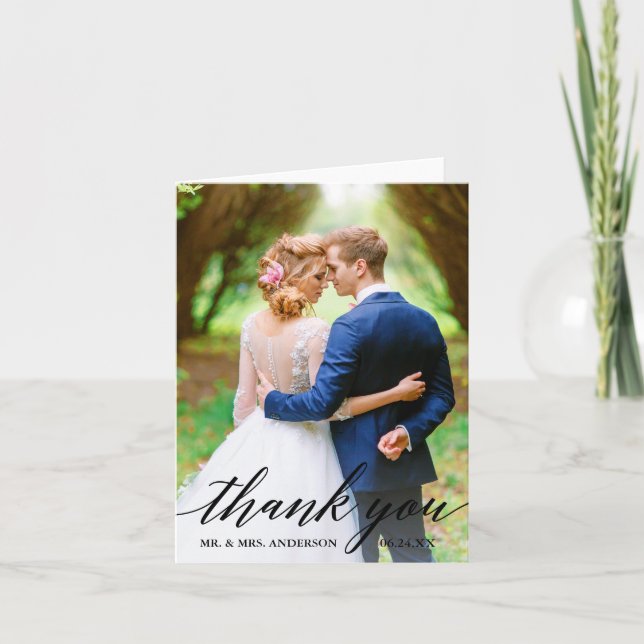 Calligraphy | Bride Groom Wedding Photo Note Thank You Card (Front)