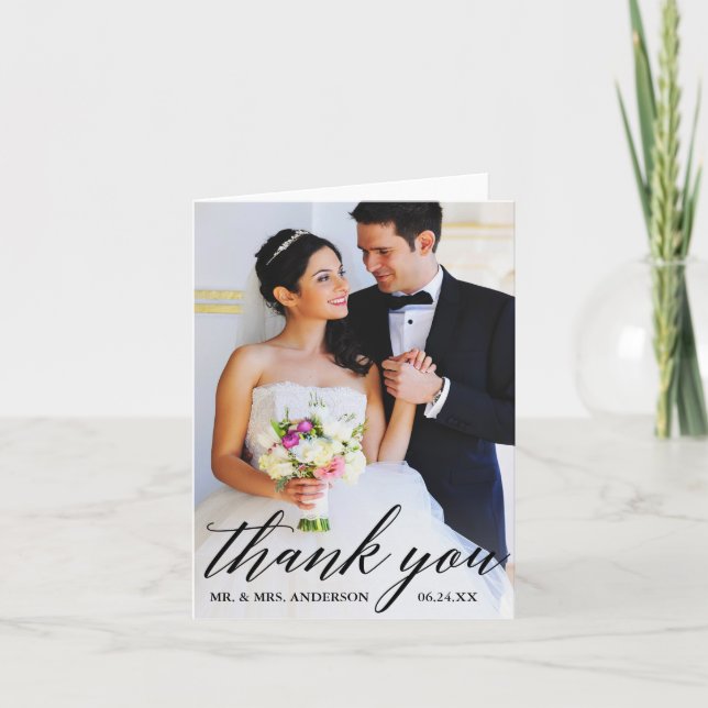 Calligraphy Bride Groom Wedding Photo Note Thank You Card (Front)