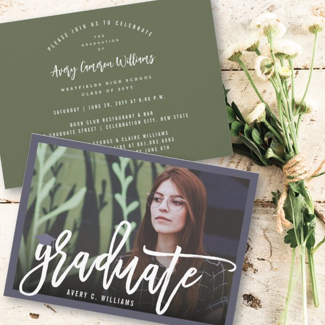 Calligraphy Brush Script Photo Graduation Party Invitation (Creator Uploaded)