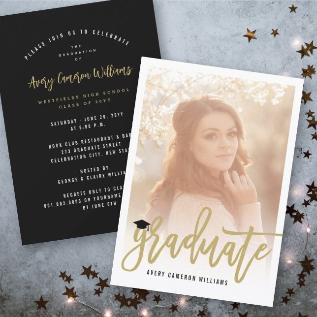 Calligraphy Brush Script Photo Graduation Party Invitation (Calligraphy Gold Brush Script Photo Modern Graduation Party Invitation @ zazzle.com/color_therapy)