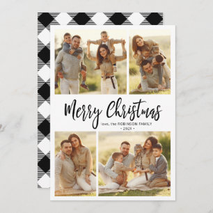 Calligraphy Buffalo Plaid 4 Multi Photo Christmas  Holiday Card