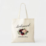 Calligraphy Burgundy Blue Floral Bridesmaid Name Tote Bag<br><div class="desc">Modern Elegant Calligraphy,  Watercolor Burgundy Marsala Blue Pink Floral Bridesmaid Name Tote Bag</div>