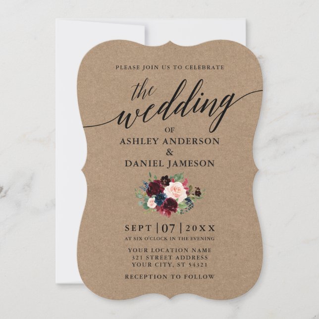 Calligraphy Burgundy Blue Floral Kraft Wedding Invitation (Front)