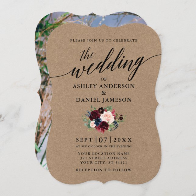 Calligraphy Burgundy Blue Floral Photo Kraft Invitation (Front/Back)