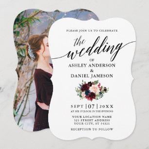Calligraphy Burgundy Blue Floral Photo Wedding Invitation